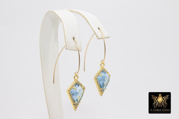 14 K Gold Blue Topaz Earrings, Triangle Gemstone Long V Wire Dangle Ear Hooks